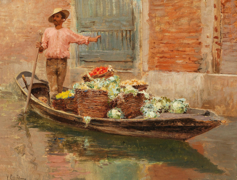 A vegetable seller in Venice by Vincenzo Caprile — Oil Painting Reproduction
