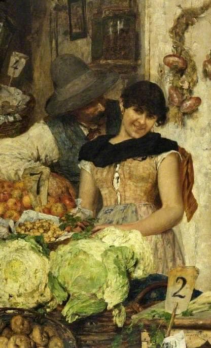 A Venetian Vegetable Stall, Courtship by Giacomo Favretto — Oil Painting Reproduction