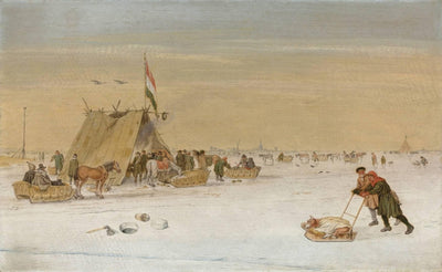 A Winter Landscape with Figures on the Ice by a Koek-en-zopie Tent in modern living room
