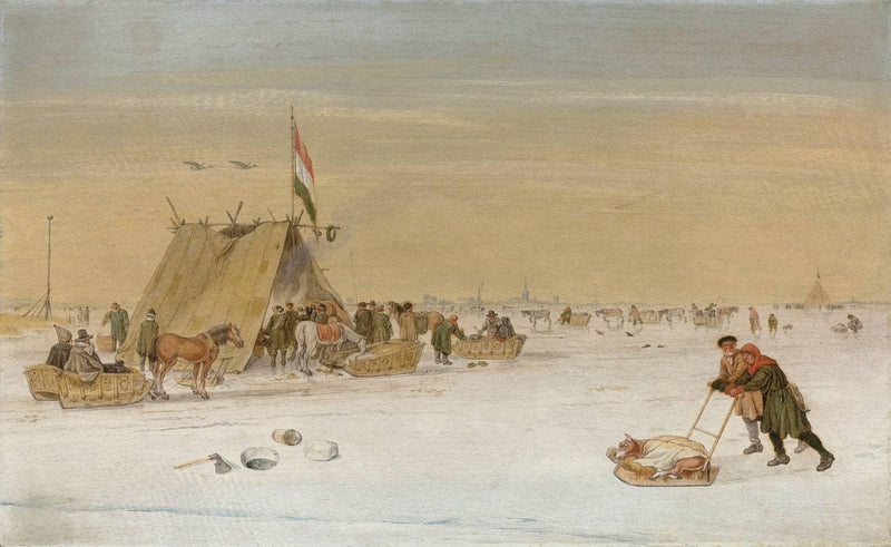 A Winter Landscape with Figures on the Ice by a Koek-en-zopie Tent by Hendrick Avercamp — Oil Painting Reproduction
