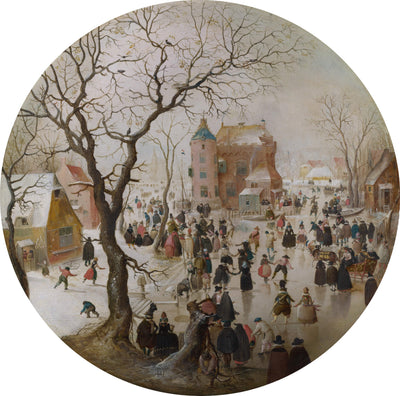 A Winter Scene with Skaters near a Castle in entryway