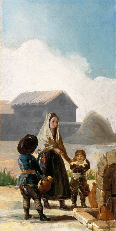 A woman and two children by a fountain in study