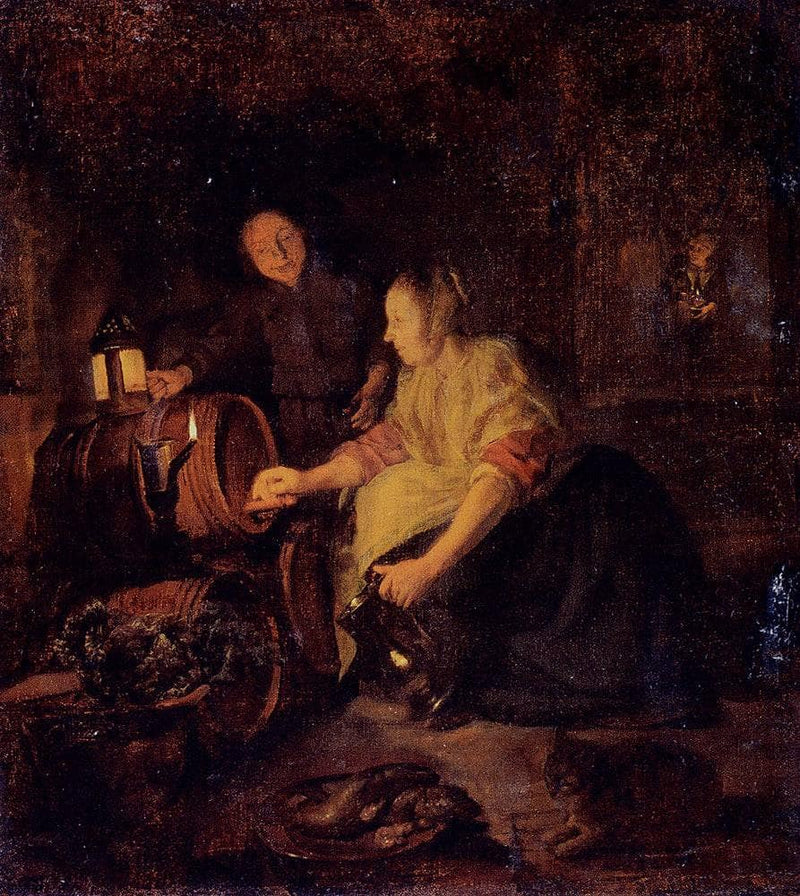 A Woman Drawing Wine from a Barrel by Gabriel Metsu — Oil Painting Reproduction