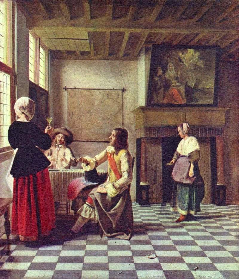 A Woman Drinking with Two Men by Pieter de Hooch — Oil Painting Reproduction