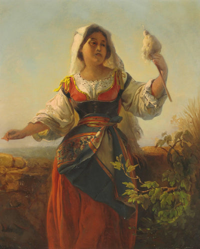 A woman from Sardinia in regional costume in modern living room