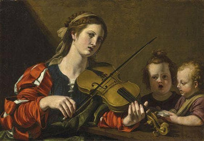 A woman playing the violin with two children singing in hallway