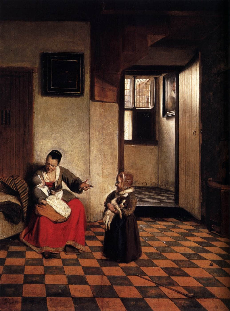 A Woman with a Baby in Her Lap, and a Small Child by Pieter de Hooch — Oil Painting Reproduction