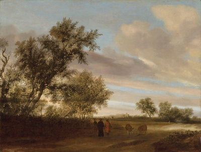 A Wooded Landscape with Peasants Conversing on a Road in living room