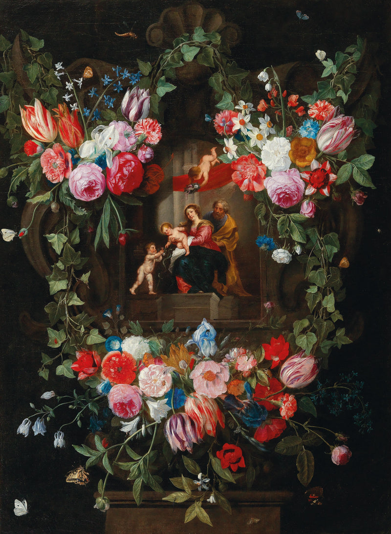 A wreath of flowers surrounding a cartouche with the Holy Family and putti by Jan van Kessel the Elder — Oil Painting Reproduction