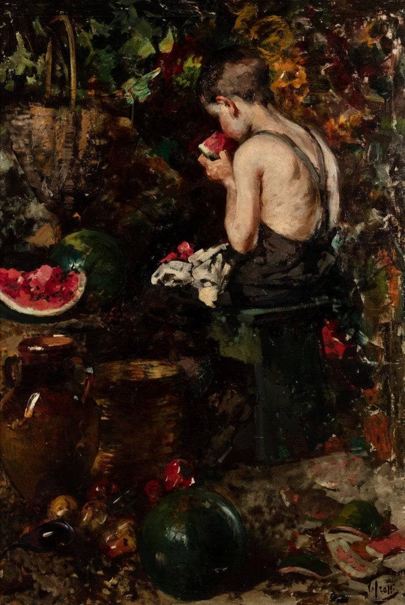 A Young boy eating a watermelon by Vincenzo Irolli — Oil Painting Reproduction