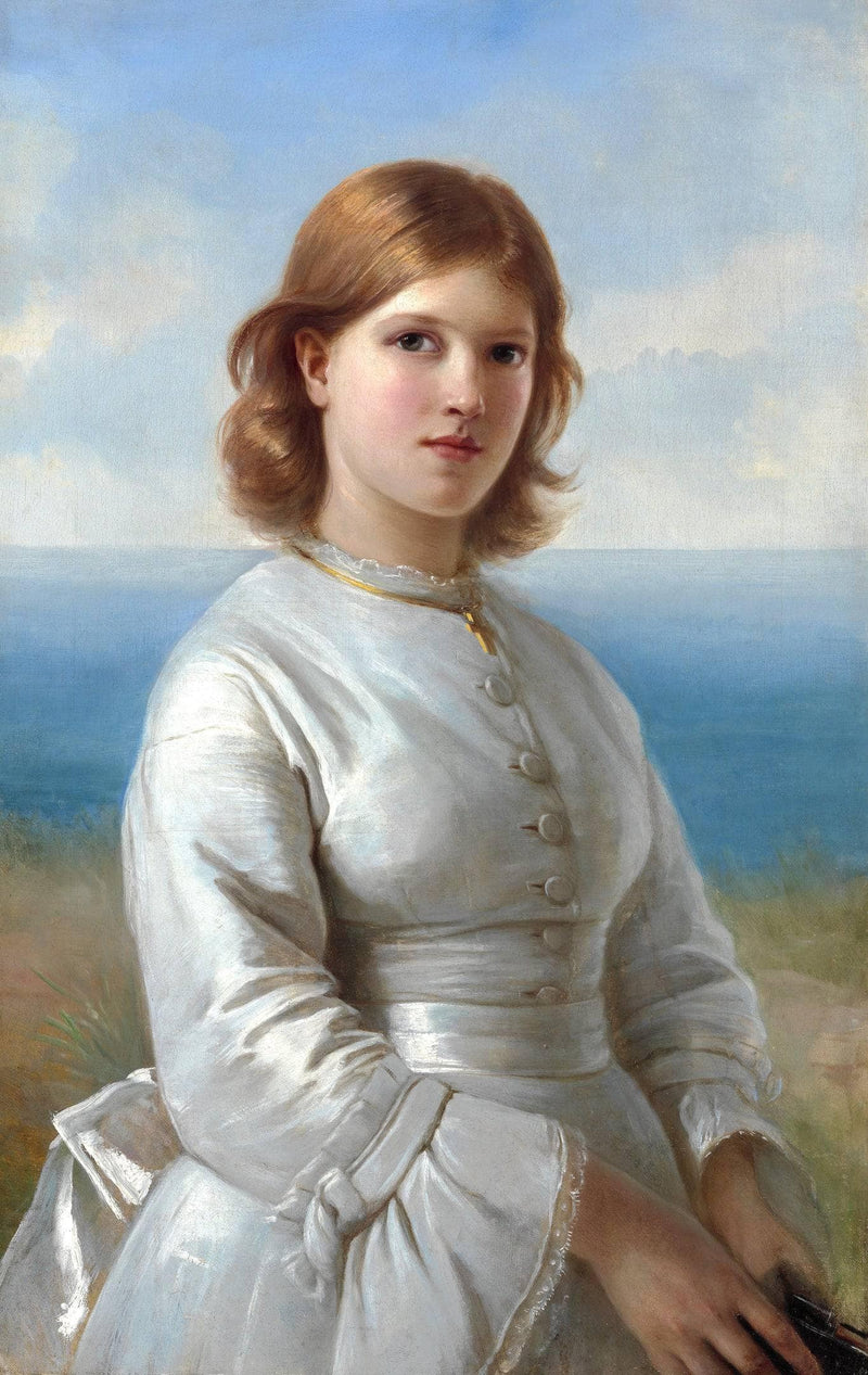 A young communiant girl in a white silk dress, a gold cross around his neck and a hymn book in his hand by Elisabeth Jerichau-Baumann — Oil Painting Reproduction