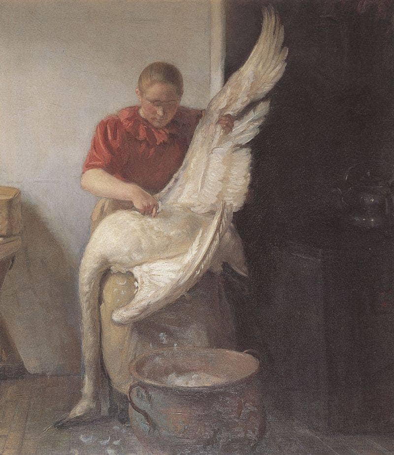A Young Girl Plucking a Swan by Anna Ancher — Oil Painting Reproduction