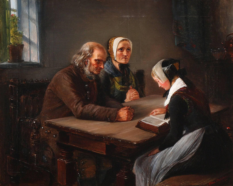A young girl reads out the Bible, the grandparents listen devoutly by Elisabeth Jerichau-Baumann — Oil Painting Reproduction