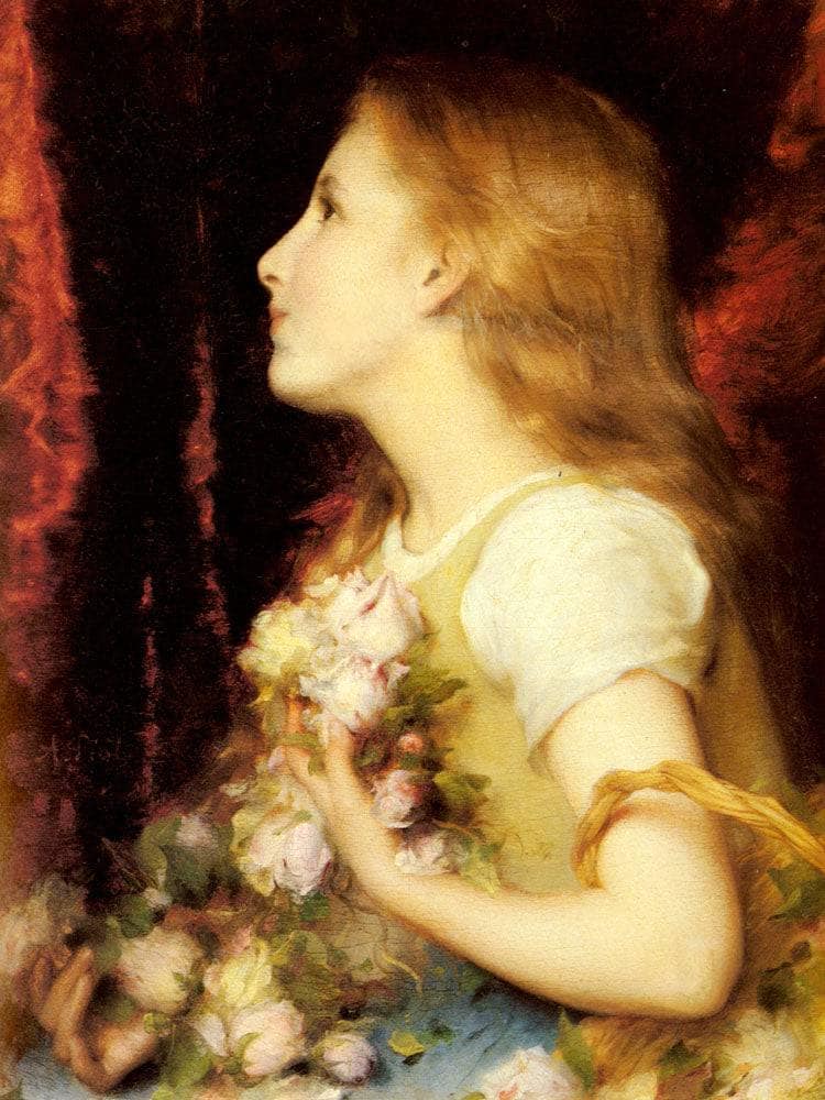 A young girl with a basket of flowers by Adolphe Piot — Oil Painting Reproduction