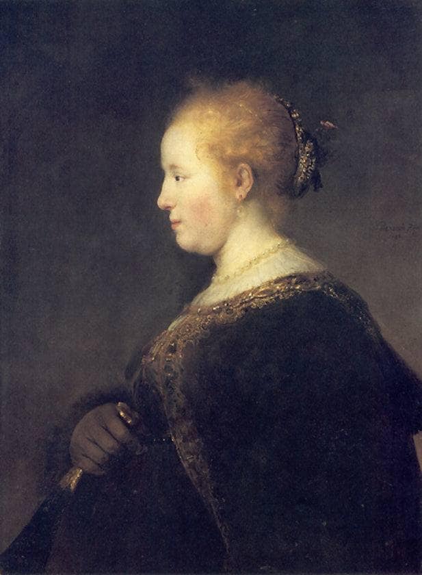A Young Woman in Profile with a Fan by Rembrandt — Oil Painting Reproduction