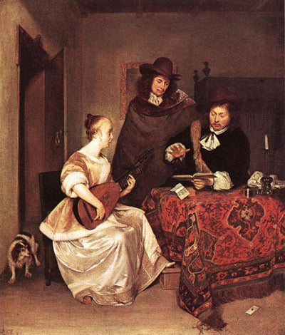 A Young Woman Playing a Theorbo to Two Men in bedroom