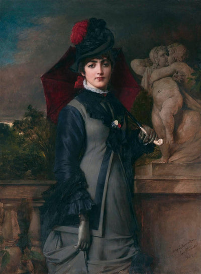 A Young Woman with a Parasol in hallway