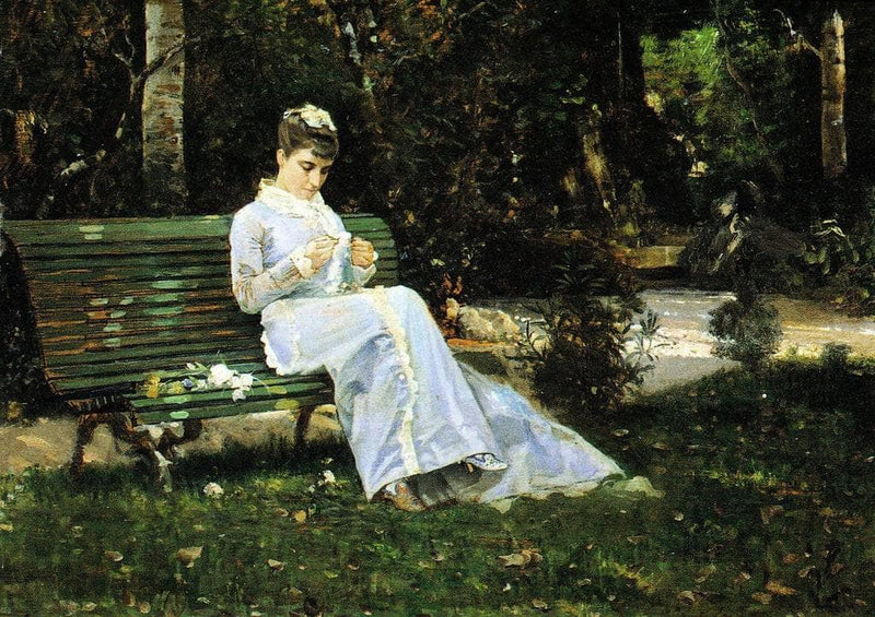 Alaide Banti in the garden by Cristiano Banti — Oil Painting Reproduction