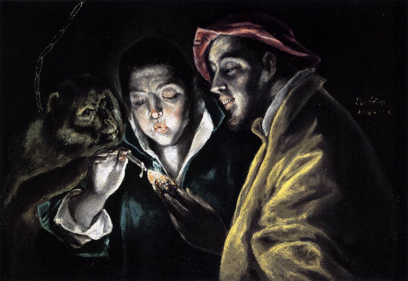 Allegory, boy lighting candle in the company of an ape and a fool - Fábula by El Greco — Oil Painting Reproduction