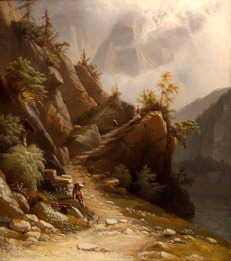 Alpine Landscape Humans on Mountain Path by Knud Baade — Oil Painting Reproduction