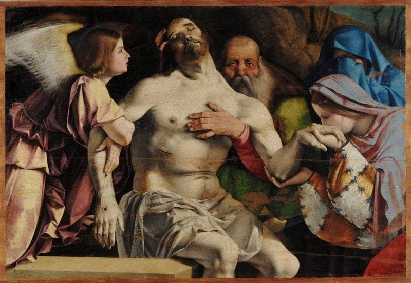 Altar of Recanati polyptych, crowning the main board: Angel Pietà by Lorenzo Lotto — Oil Painting Reproduction
