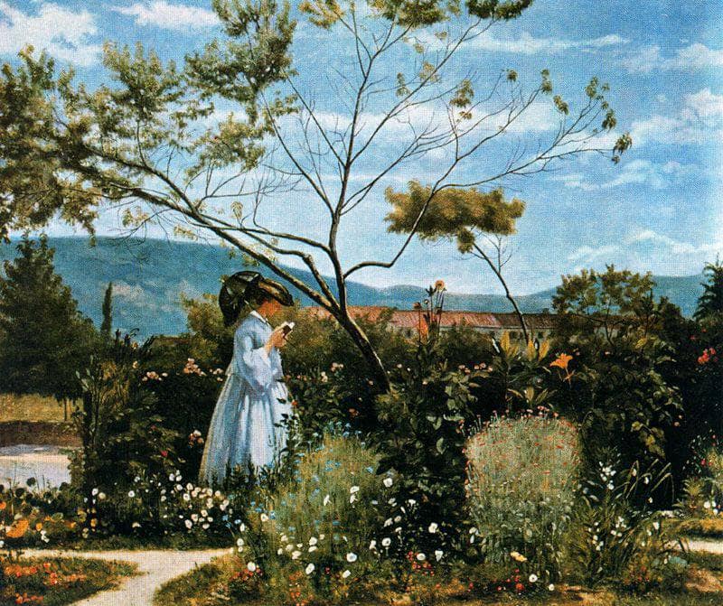 Among the flowers in the garden by Silvestro Lega — Oil Painting Reproduction