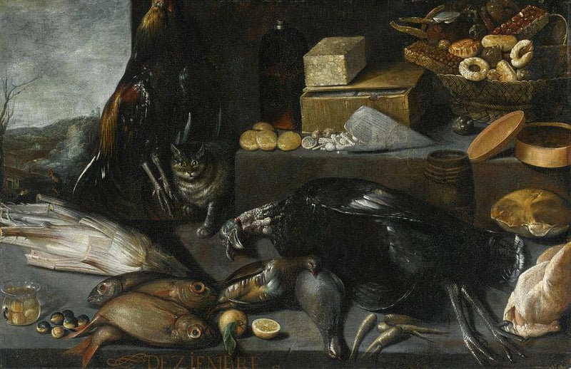 An allegory of the month of december, with a cat and a still life of fowl, fish by Francisco Barrera — Oil Painting Reproduction