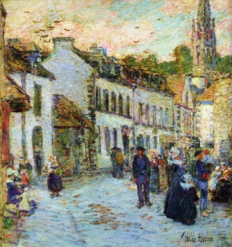 An Evening Street Scene, Pont Aven by Childe Hassam — Oil Painting Reproduction