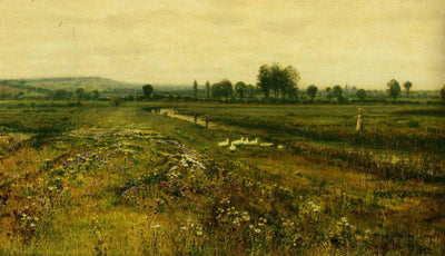 An Extensive Meadow Landscape with Geese by a Stream in hallway