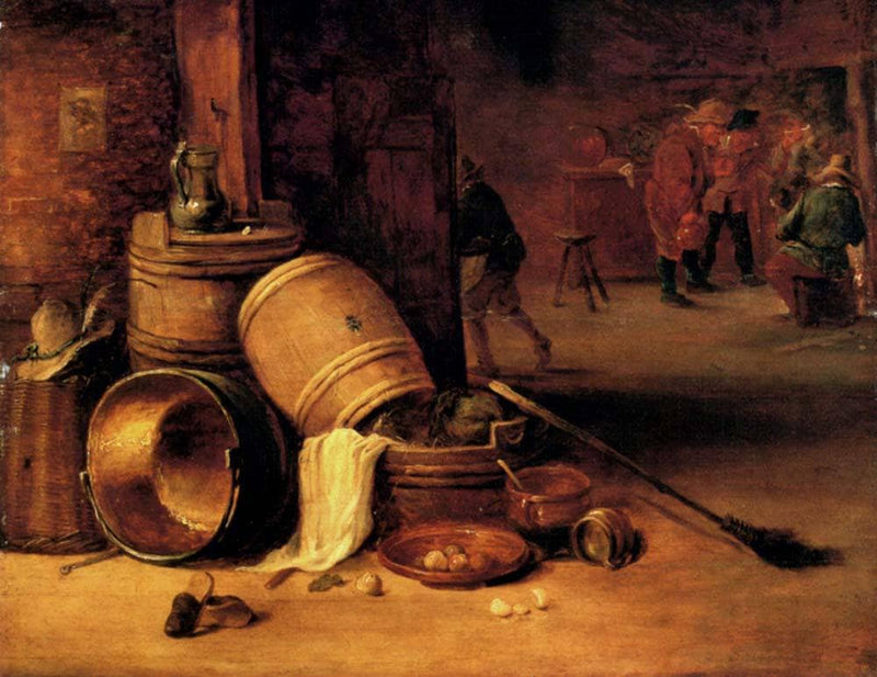 An interior scene with pots, barrels, baskets, onions and cabbages with boors carousing in the background by David Teniers the Younger — Oil Painting Reproduction