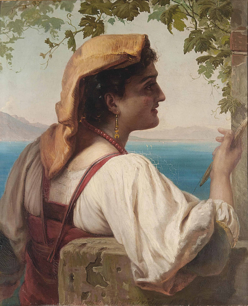 An Italian maiden mending nets on the Bay of Naples by Elisabeth Jerichau-Baumann — Oil Painting Reproduction