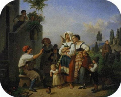 An Italian shoemaker playing music in front of his house, surrounded by local women with their children in dining room