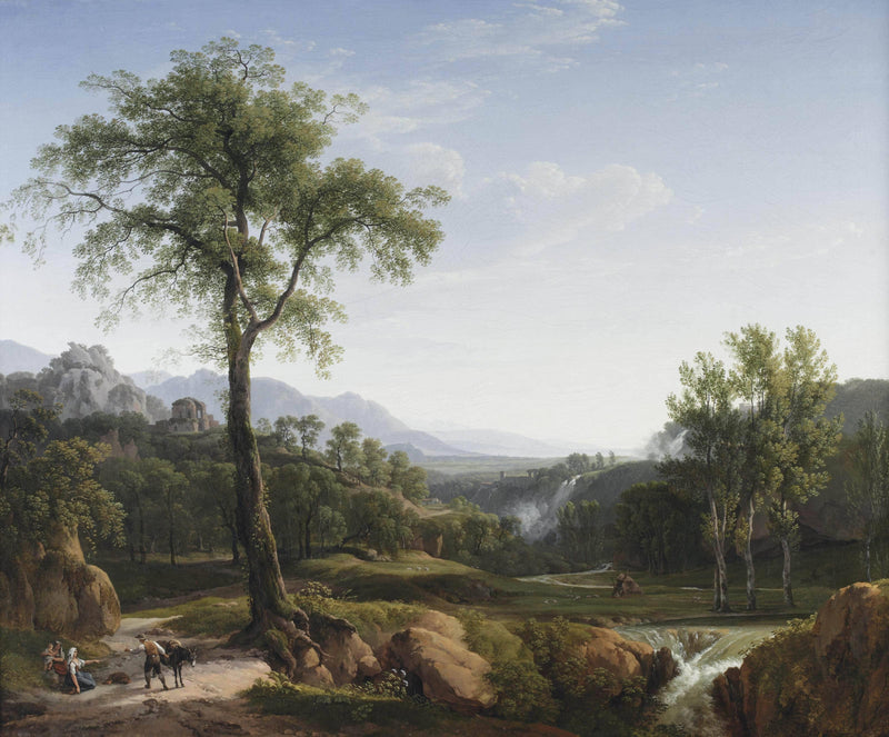 An Italianate landscape with travellers resting in the shade of a tree, a view of Tivoli in the background by Hendrik Voogd — Oil Painting Reproduction