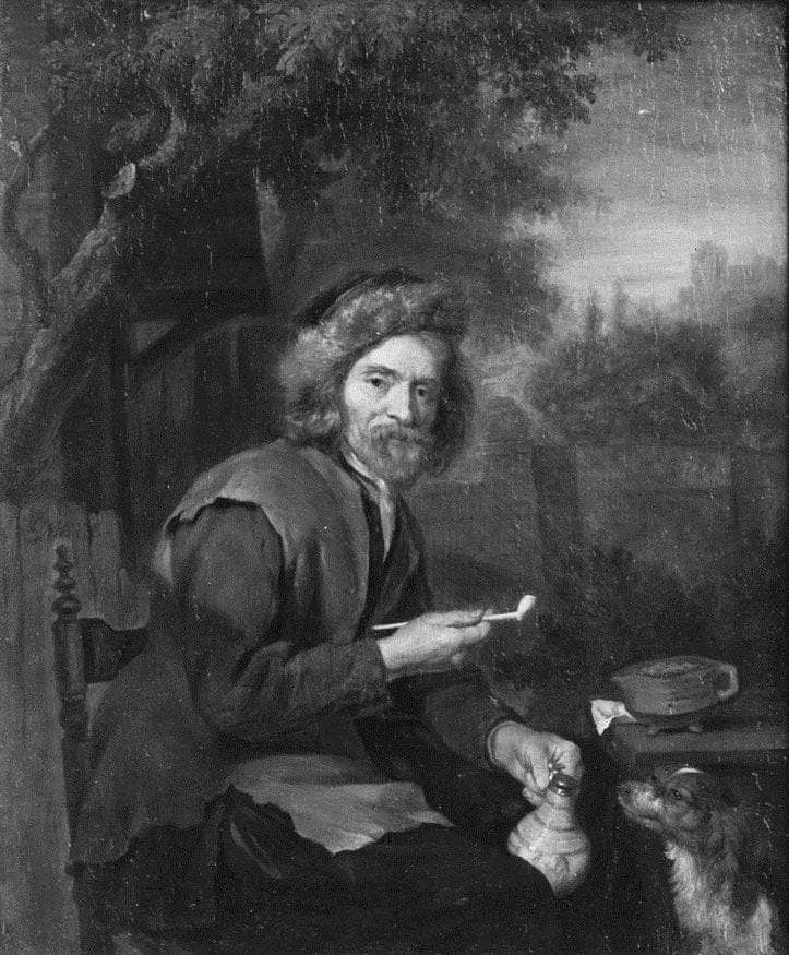 An Old Man Holding a Pipe and a jug by Gabriel Metsu — Oil Painting Reproduction