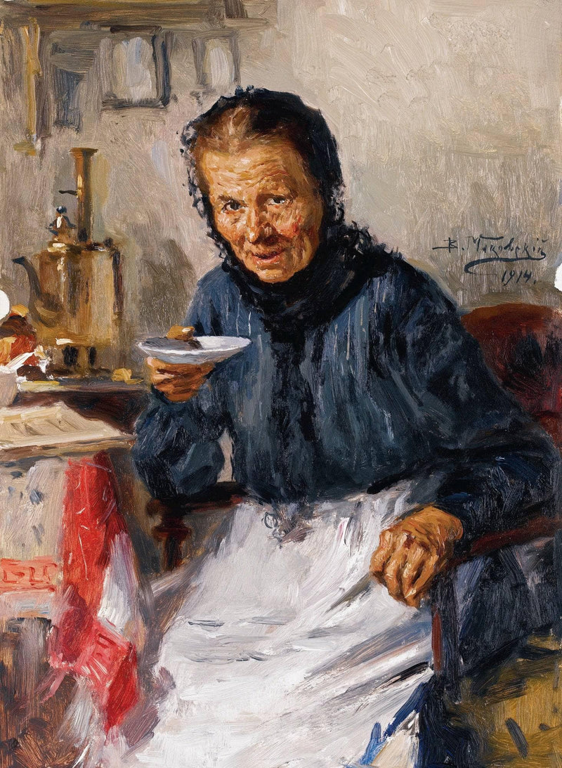 An old woman drinking tea by Vladimir Makovsky — Oil Painting Reproduction