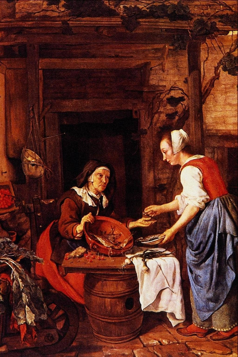 An Old Woman Selling Fish by Gabriel Metsu — Oil Painting Reproduction