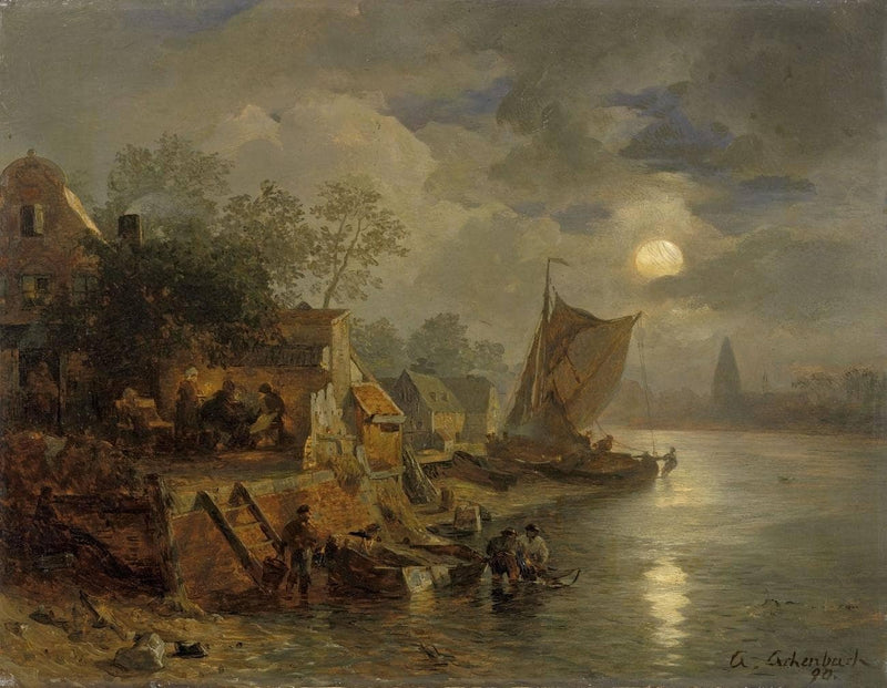 Nocturnal coastal landscape with fishermen by Andreas Achenbach — Oil Painting Reproduction
