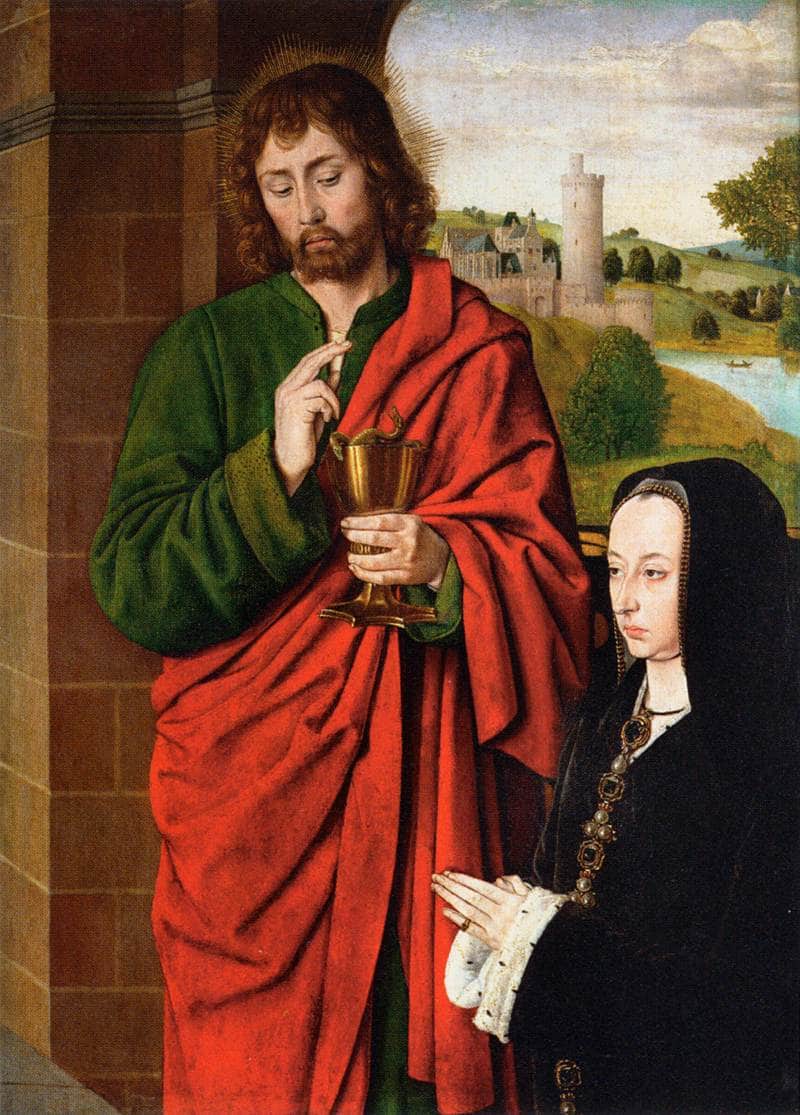 Anne of France, Lady of Beaujeu, Duchess of Bourbon, presented by St. John the Evangelist, right hand wing of a triptych by Jean Hey — Oil Painting Reproduction