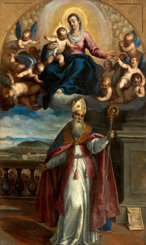 Apparition of the Virgin and Child to Saint Ubald of Gubbio, Who Points to the City of Pesaro by Palma il Giovane — Oil Painting Reproduction