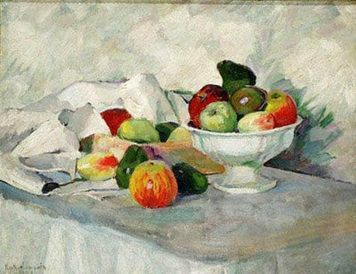 Apples and pears on white in kitchen