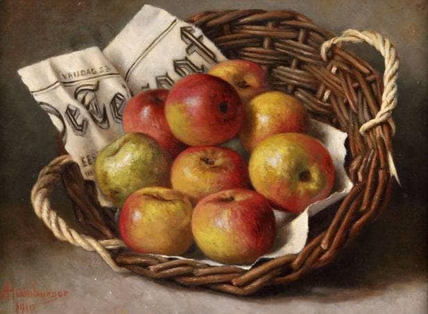 Apples in a basket by Helen Augusta Hamburger — Oil Painting Reproduction