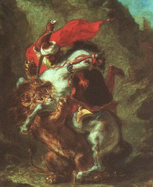 Arab Horseman Attacked by Lion by Eugene Delacroix — Oil Painting Reproduction