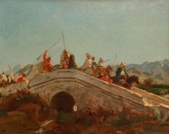Arab horsemen on a bridge by Alfred Dehodencq — Oil Painting Reproduction
