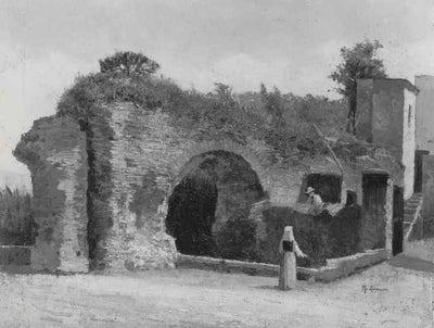 Arches in ruins with figures in entryway