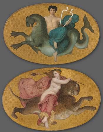 Arion on a Sea Horse and Bacchante on a Panther (pair) in entryway