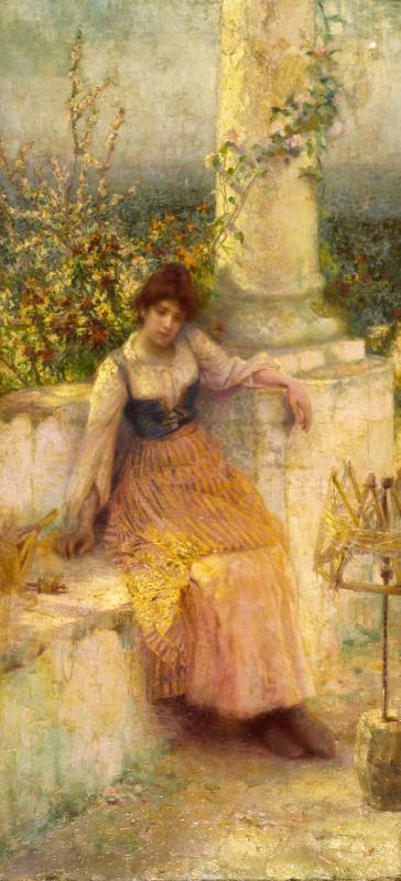 Peasant woman at the spinning wheel in modern living room