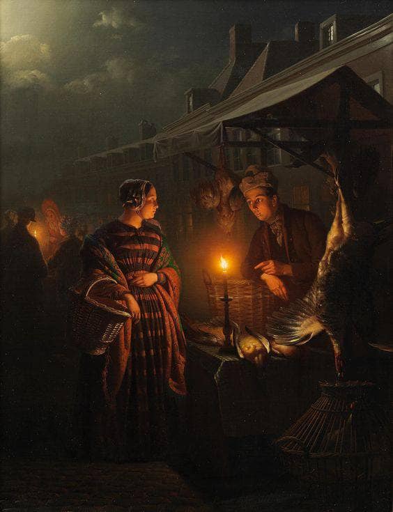 At the poultry stall on the Groenmarkt, The Hague by Petrus van Schendel — Oil Painting Reproduction
