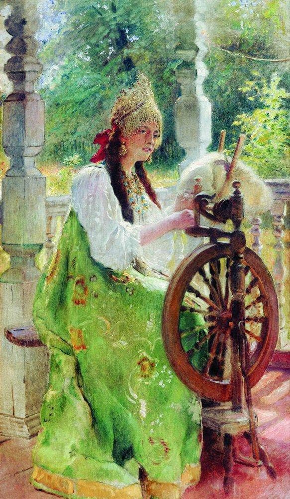 At the Spinning-Wheel by Konstantin Makovsky — Oil Painting Reproduction
