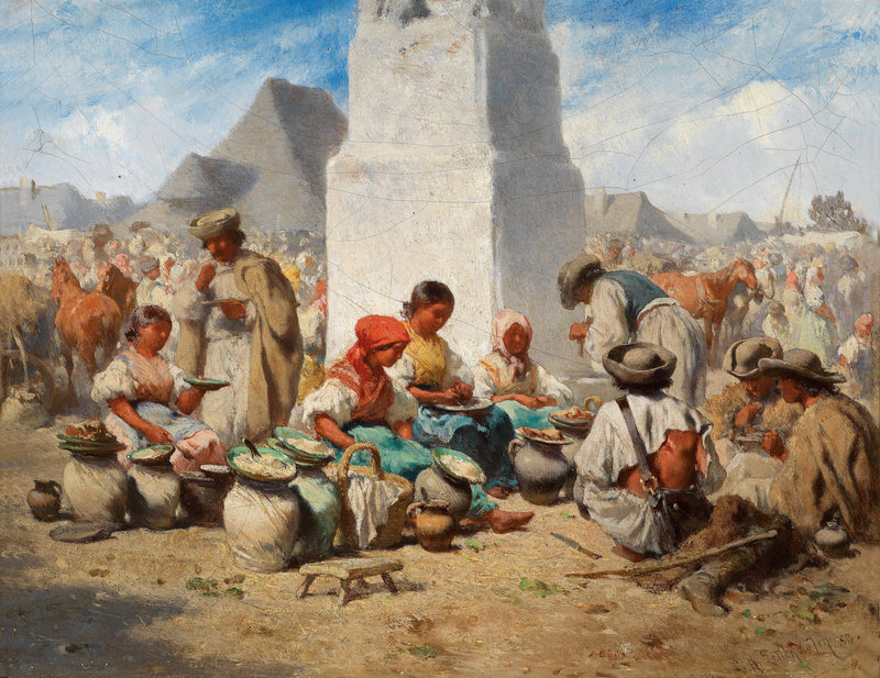 Market in Szolnok with the Holy Trinity Column by August von Pettenkofen — Oil Painting Reproduction