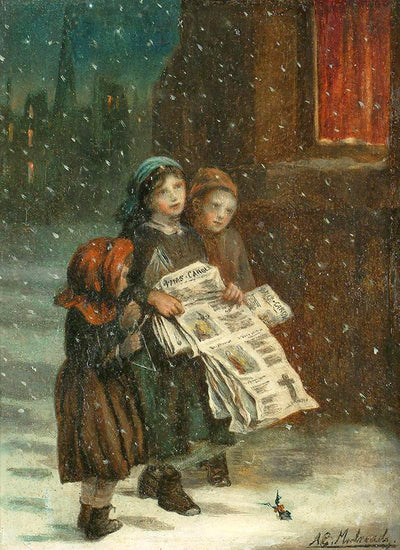 Small children with newspapers in home office